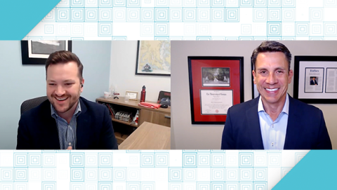 Side-by-side screens, each with one male, both smiling