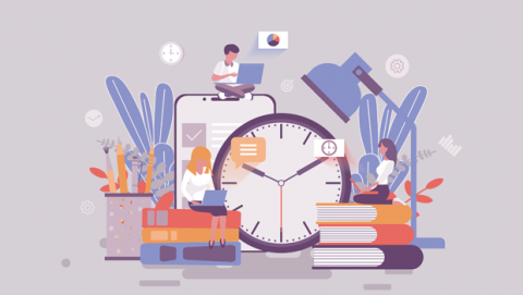 Three people sit using laptops around clock showing 10:10